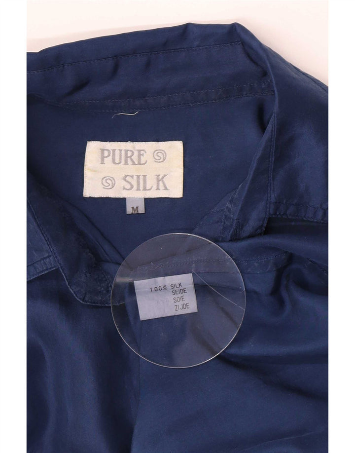 Camisa masculina vintage de manga curta média azul marinho seda