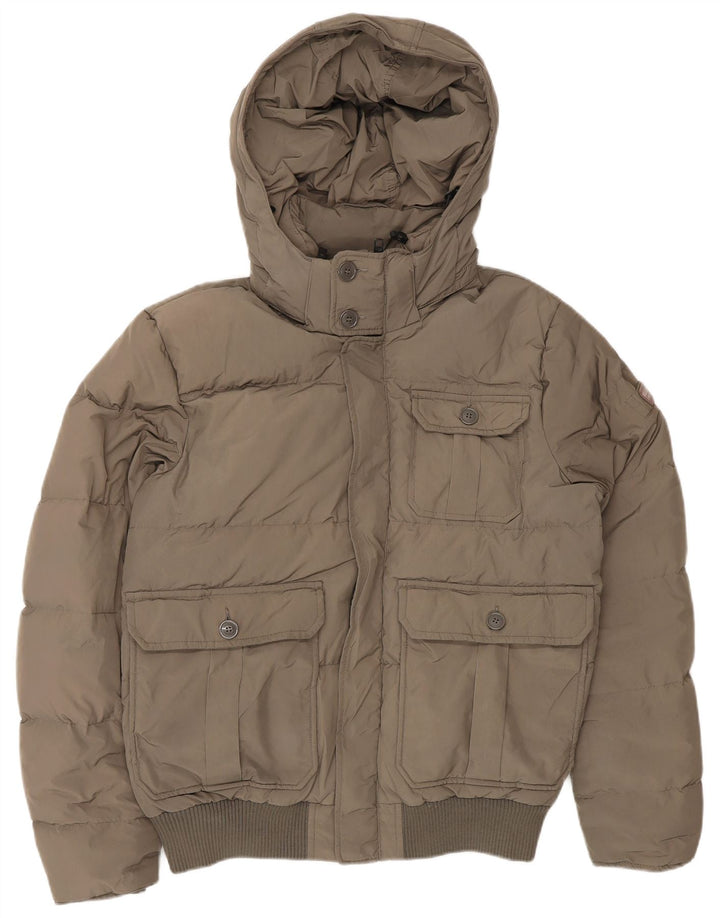 Jaqueta masculina acolchoada com capuz Woolrich UK 36 pequena cáqui