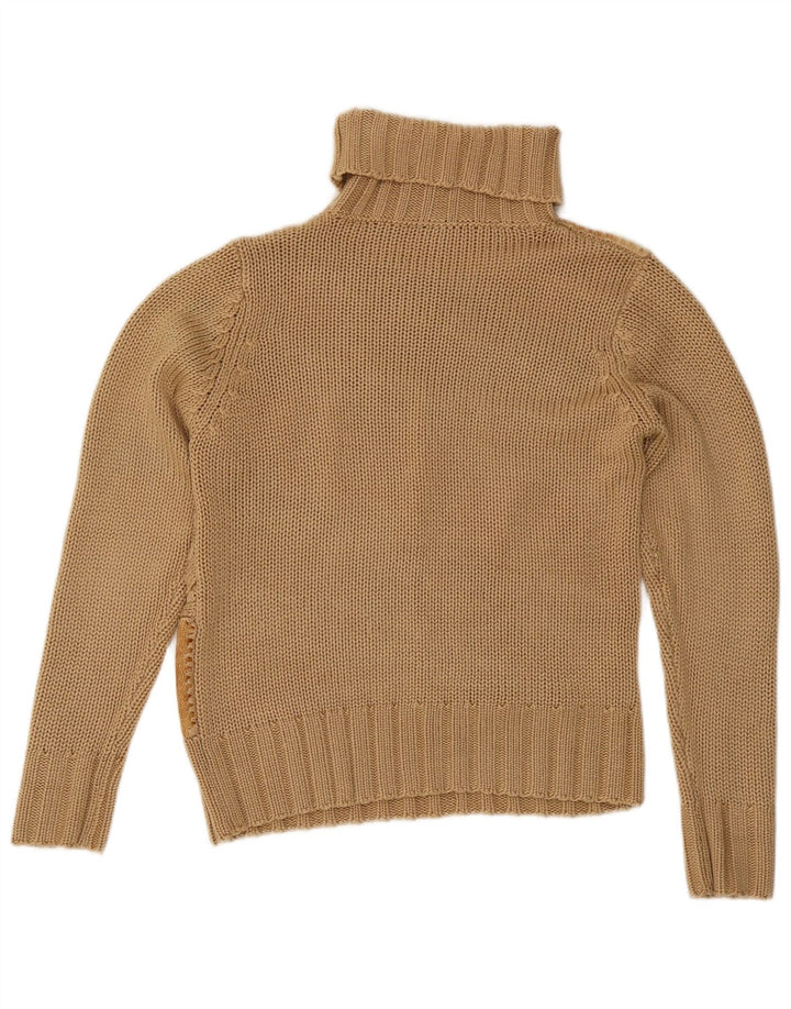 Suéter feminino vintage com gola redonda Reino Unido 12 bloco colorido marrom médio