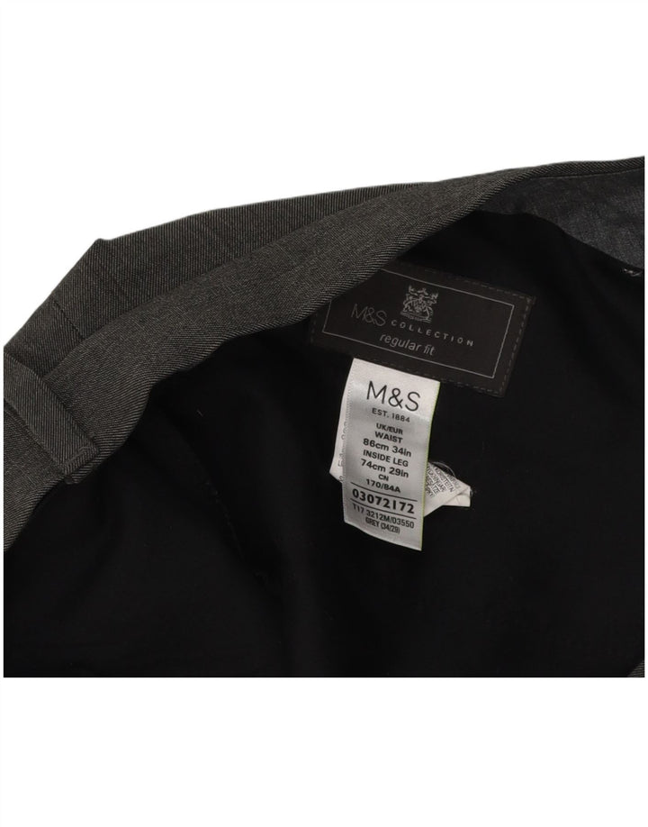 Calça masculina de ajuste regular Marks & Spencer W34 L29 poliéster cinza