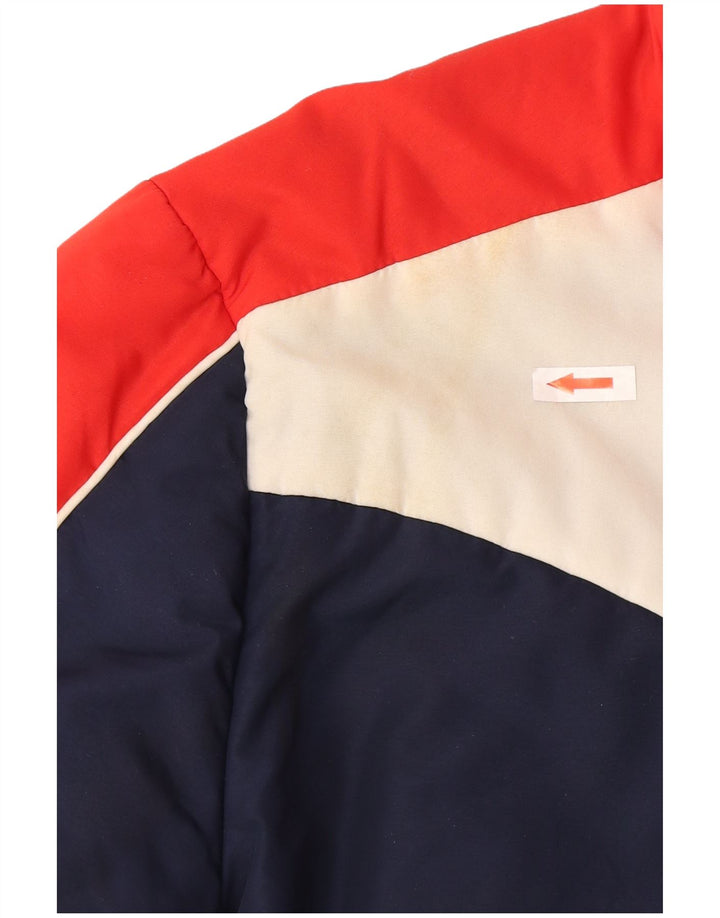 Jaqueta acolchoada feminina vintage Reino Unido 14 grande bloco colorido azul marinho