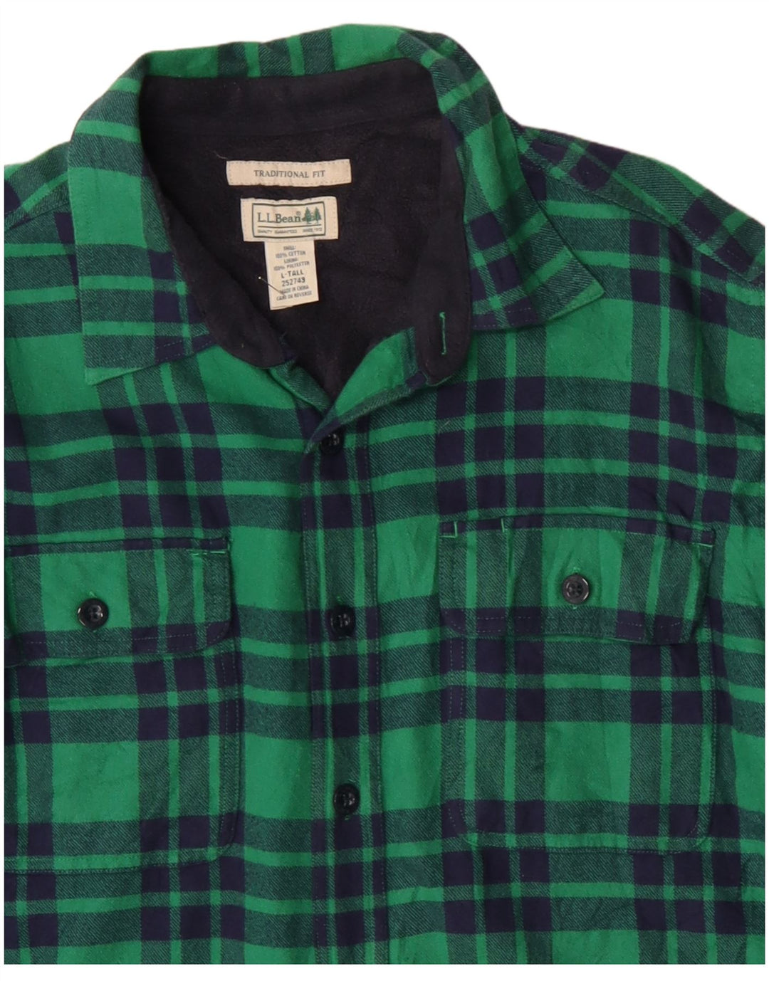 L.L.Bean Camisa masculina alta de flanela de lenhador grande algodão xadrez verde