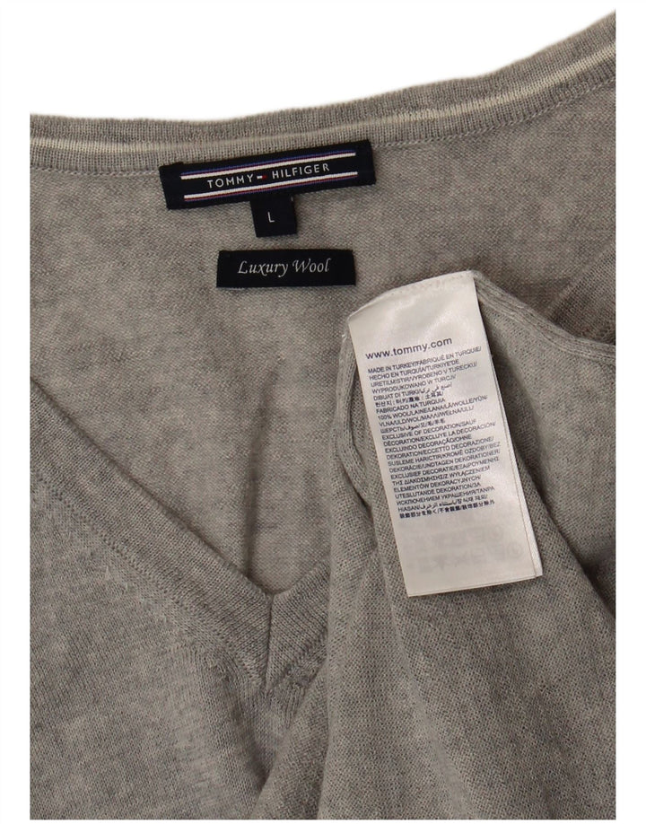 Suéter feminino Tommy Hilfiger com decote em V Reino Unido 14 grande lã cinza