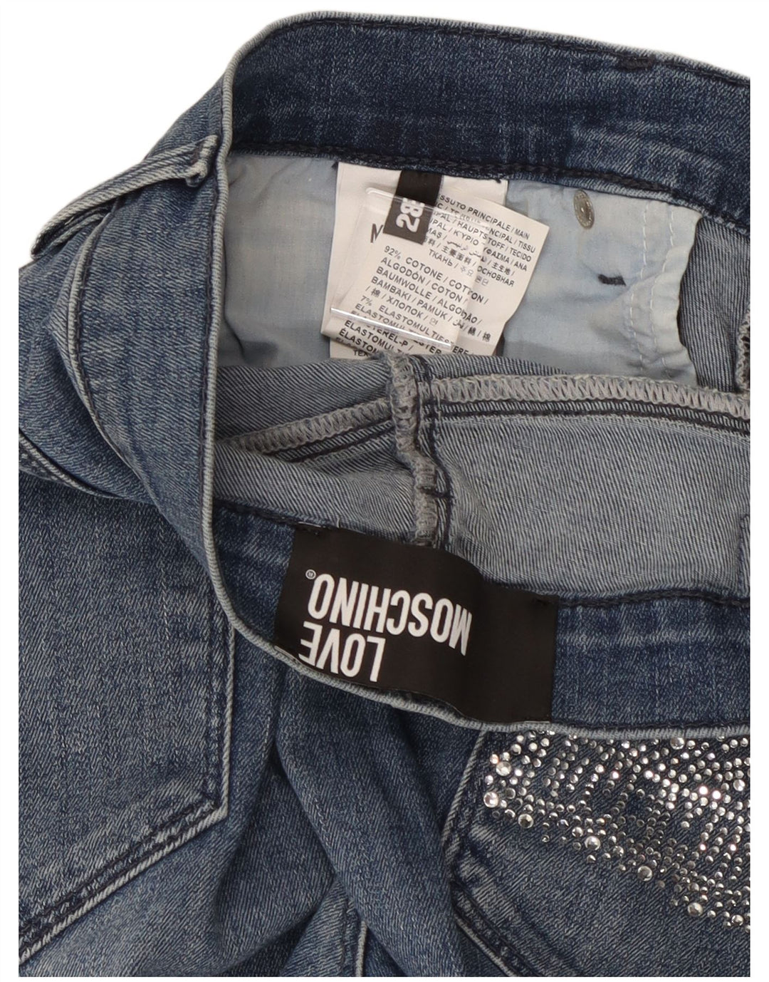 Jeans recortados femininos MOSCHINO W28 L25 algodão azul