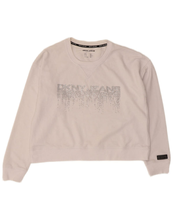 Moletom feminino Dkny Crop Graphic Jumper UK 14 médio algodão branco