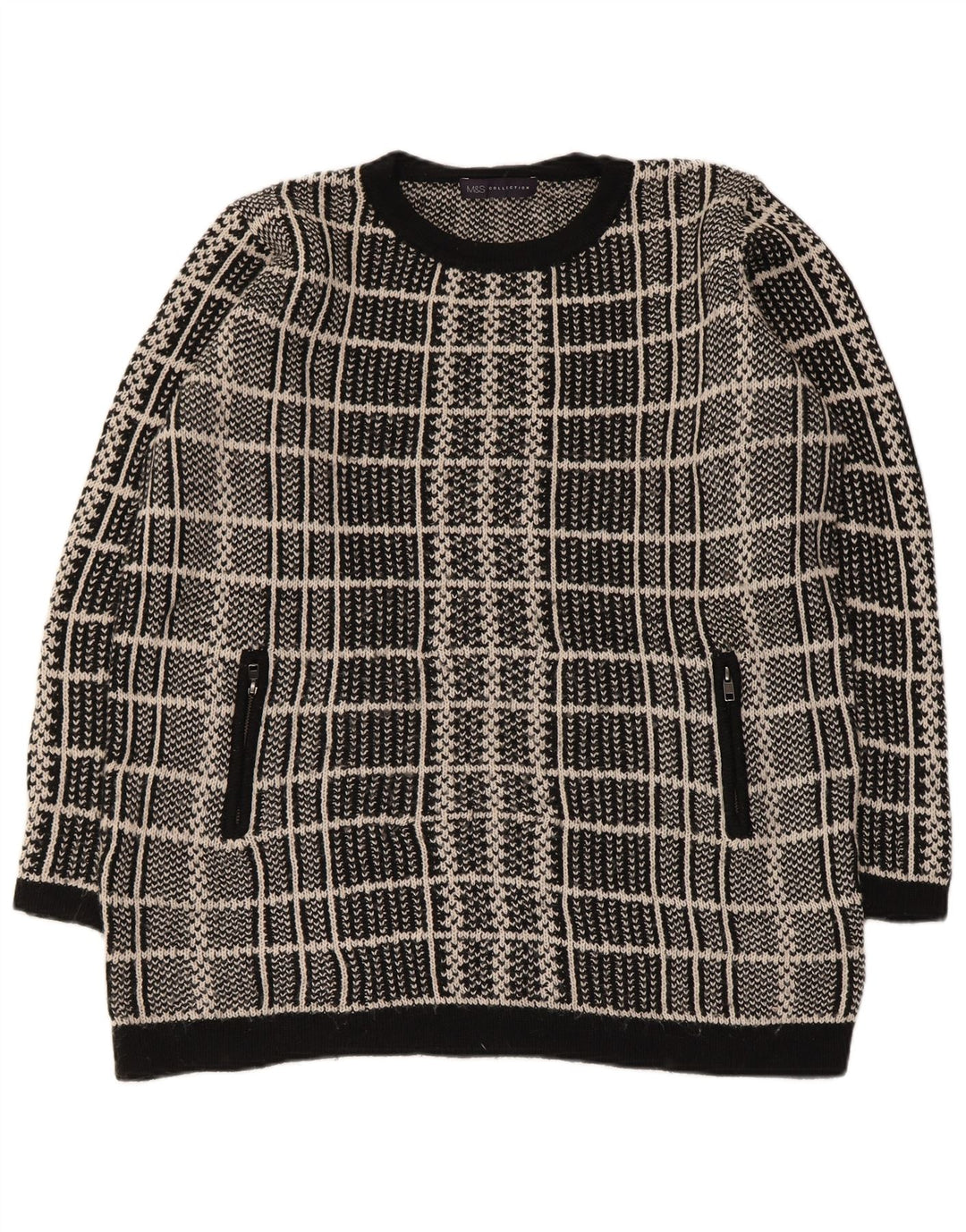 Suéter feminino MARKS & SPENCER com gola redonda Reino Unido 16 grande xadrez preto