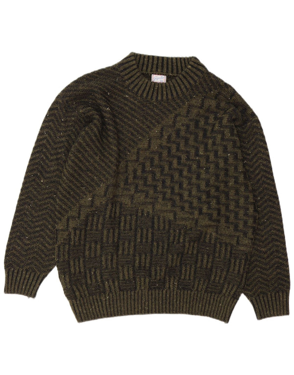 Suéter vintage masculino com gola redonda XL lã geométrica verde