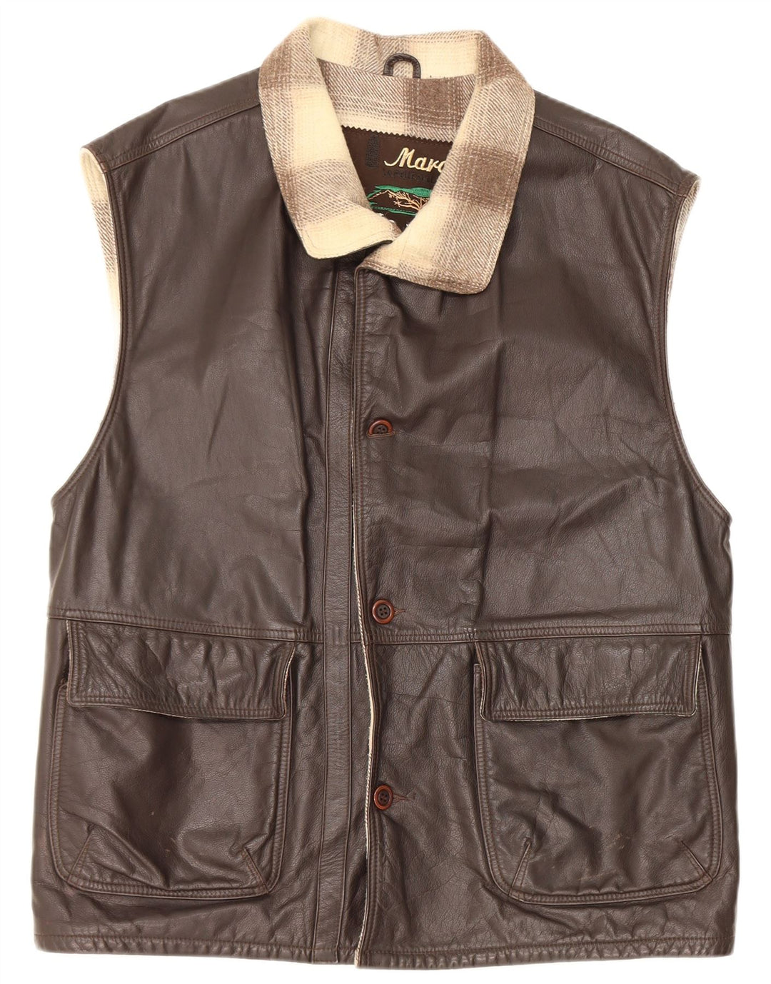 Colete de couro masculino vintage IT 48 couro colorblock marrom médio