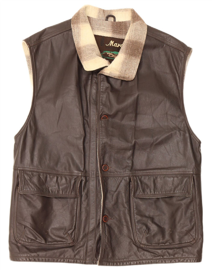 Colete de couro masculino vintage IT 48 couro colorblock marrom médio
