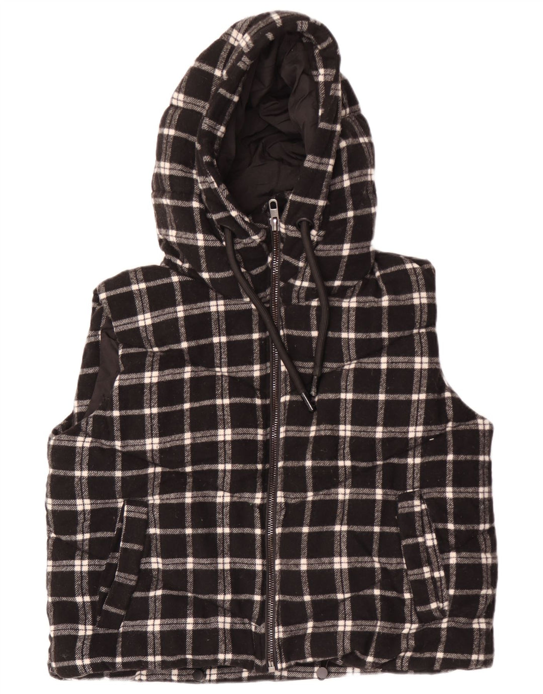 Colete acolchoado com capuz e capuz feminino Zara UK 14 médio preto xadrez