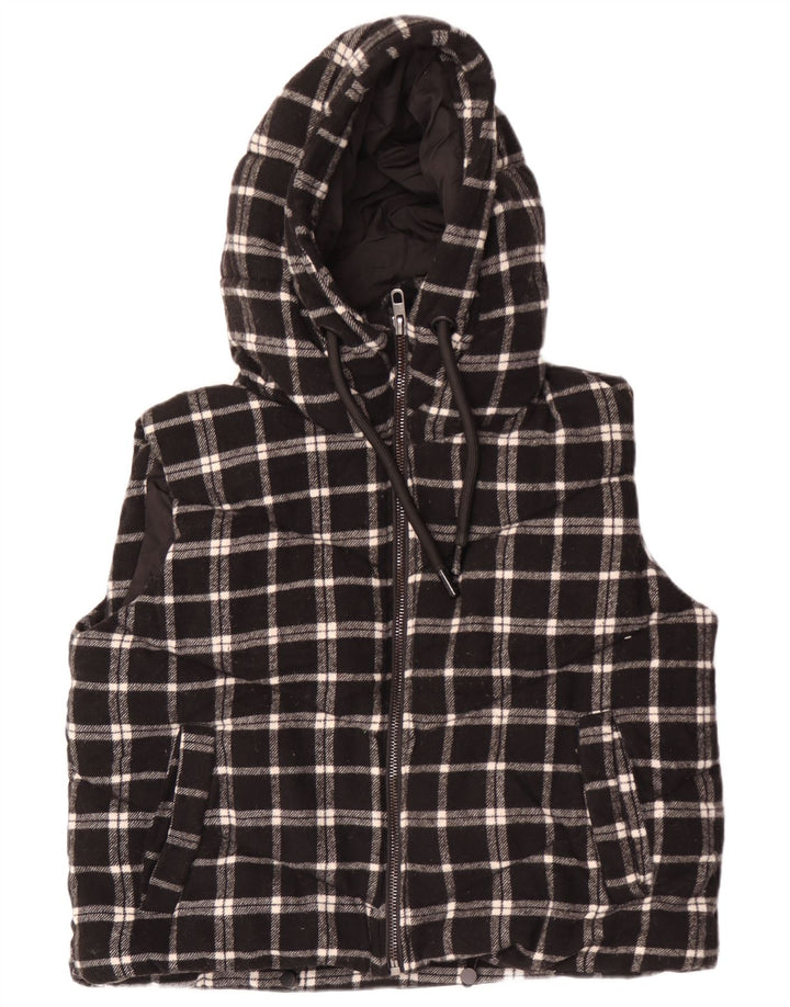 Colete acolchoado com capuz e capuz feminino Zara UK 14 médio preto xadrez