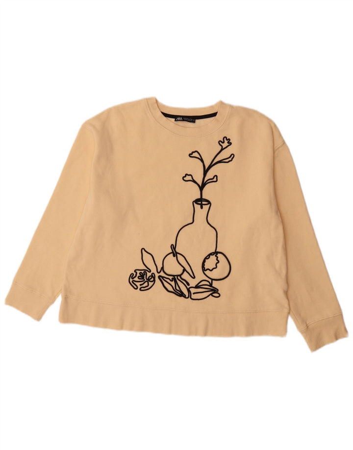 Suéter gráfico feminino ZARA UK 14 algodão bege médio