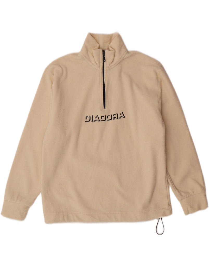 DIADORA Girls Graphic Zip Neck Fleece Jumper 11-12 Years XL Off White Vintage Diadora and Second-Hand Diadora from Messina Hembry 