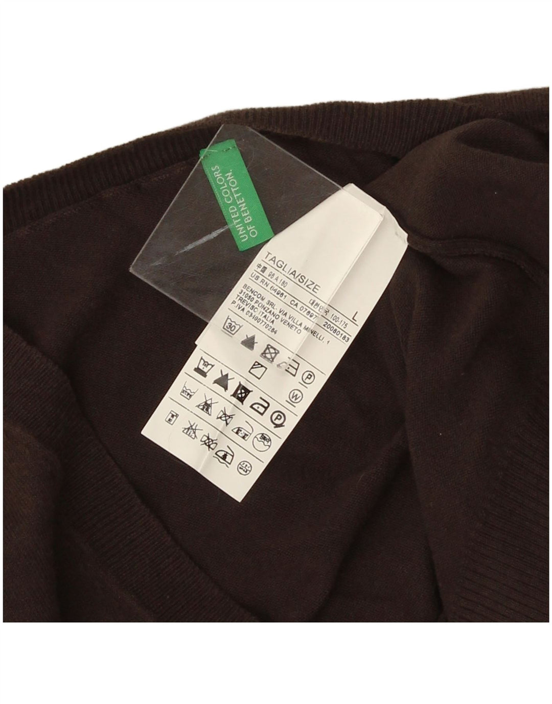 Suéter masculino Benetton com decote em V grande algodão marrom