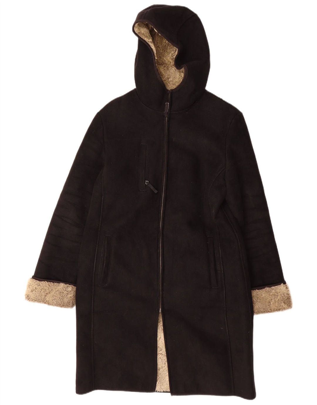 NEXT Sobretudo feminino Sherpa com capuz UK 12 poliéster preto médio