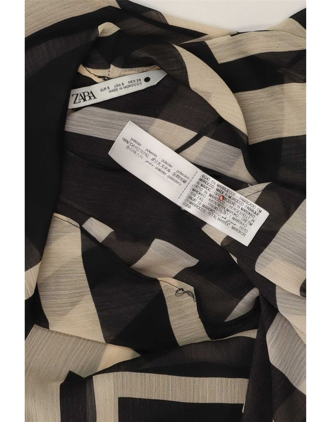 Zara Blusa Feminina Top UK 10 Pequena Poliéster Geométrico Preto