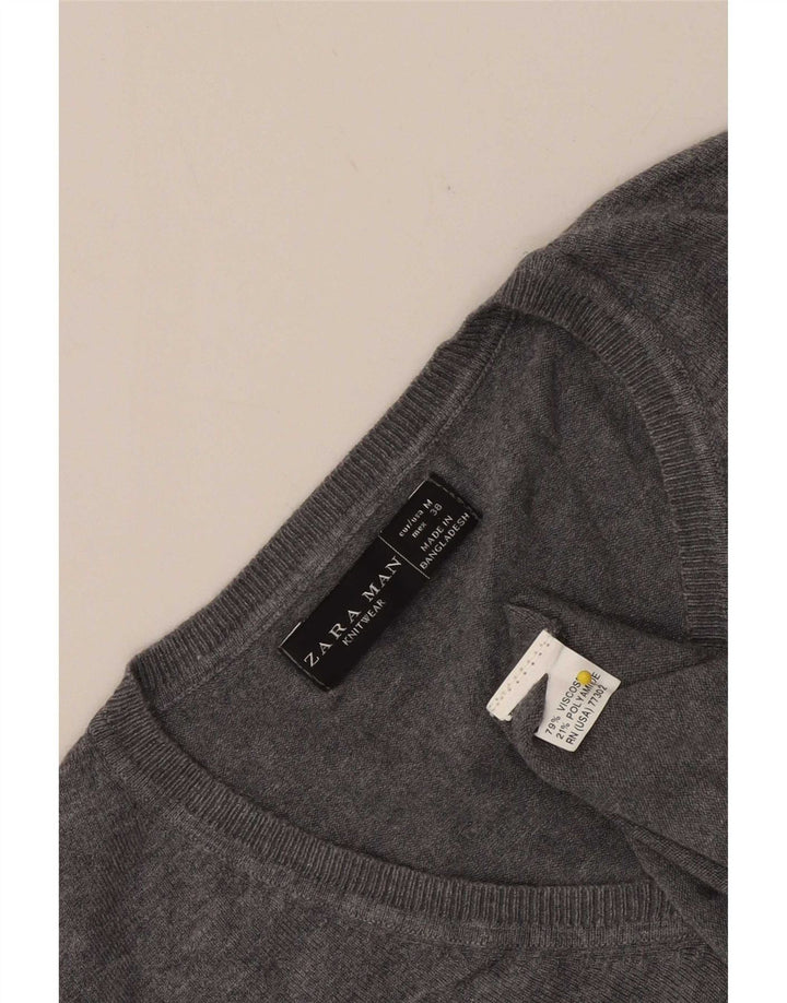 Zara Suéter masculino com decote em V, viscose colorblock cinza médio