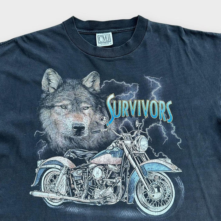 Camiseta vintage com estampa de motociclista de ponto único - XL