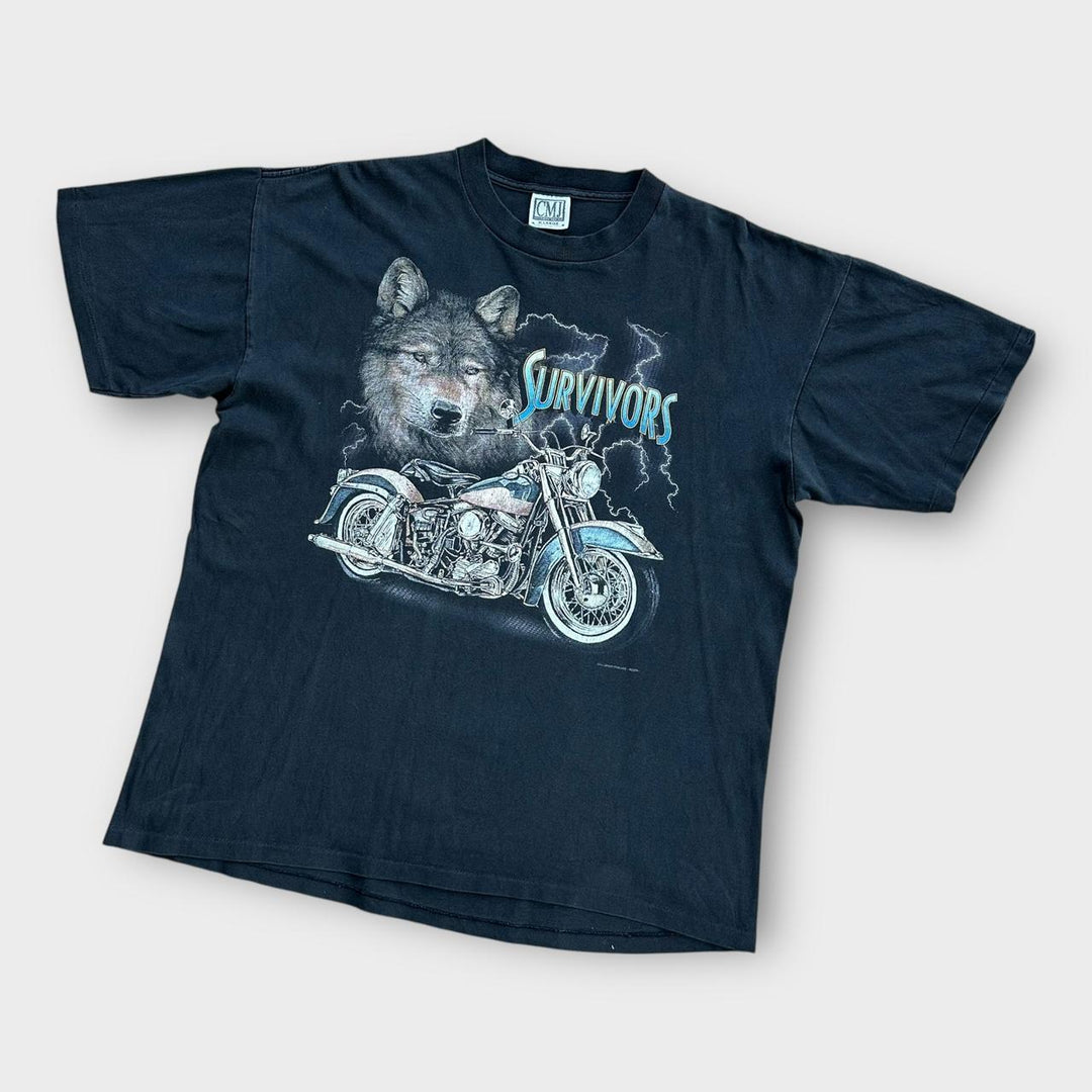 Camiseta vintage com estampa de motociclista de ponto único - XL