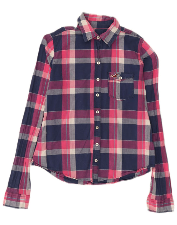 Camisa feminina de flanela Hollister UK 6 XS azul marinho xadrez