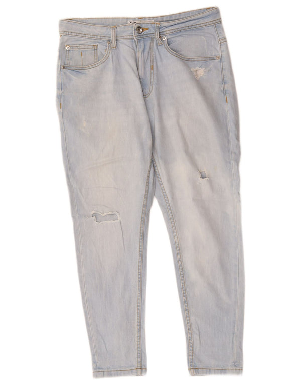 Zara Jeans feminino cortado slim desgastado UE 40 médio W30 L25 algodão azul