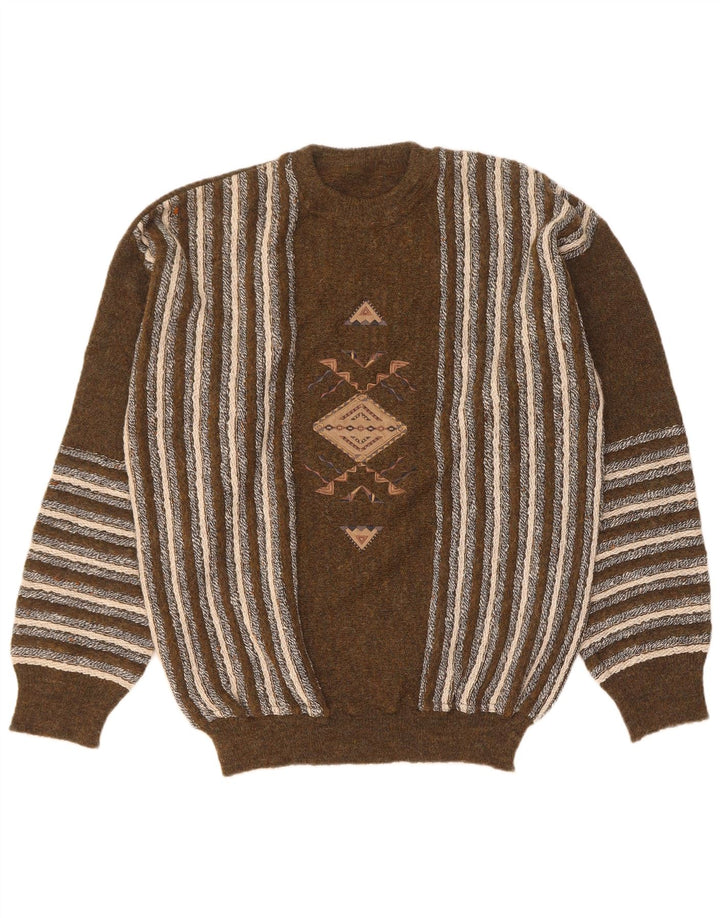 Suéter masculino vintage com gola redonda grande listrado marrom