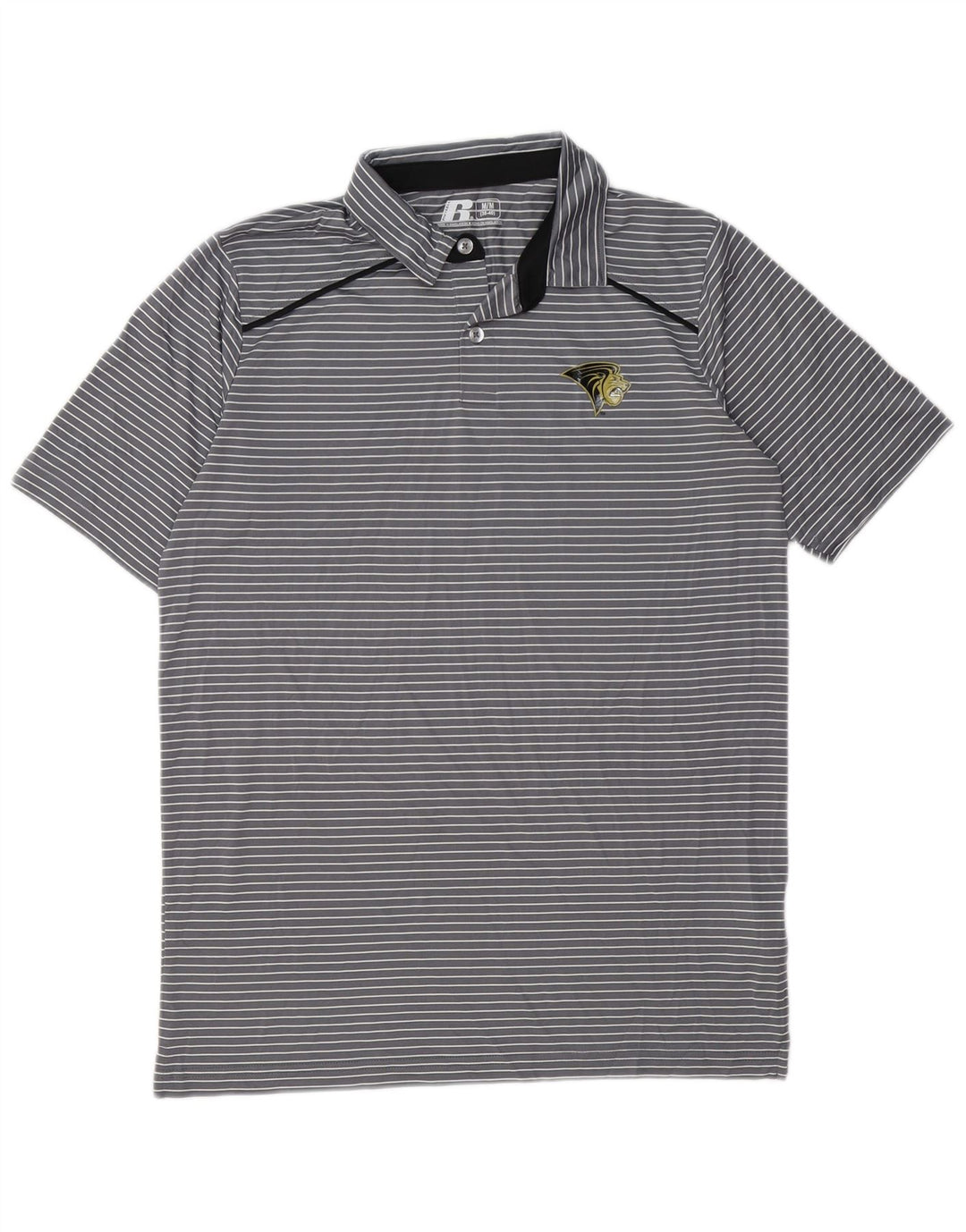 Camisa polo masculina RUSSELL ATLÉTICA Reino Unido 38/40 poliéster listrado cinza médio
