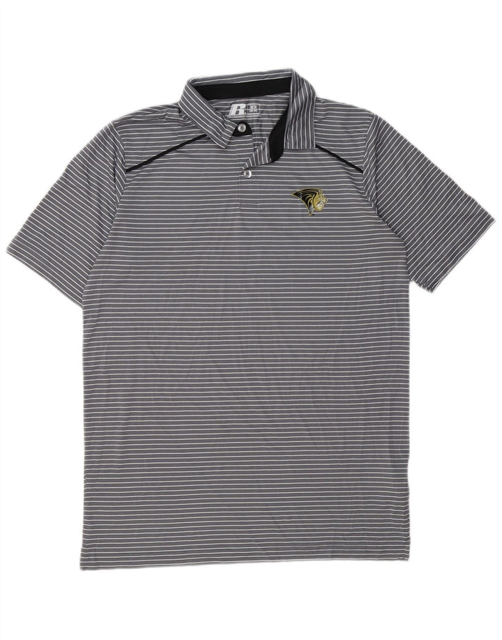 Camisa polo masculina RUSSELL ATLÉTICA Reino Unido 38/40 poliéster listrado cinza médio