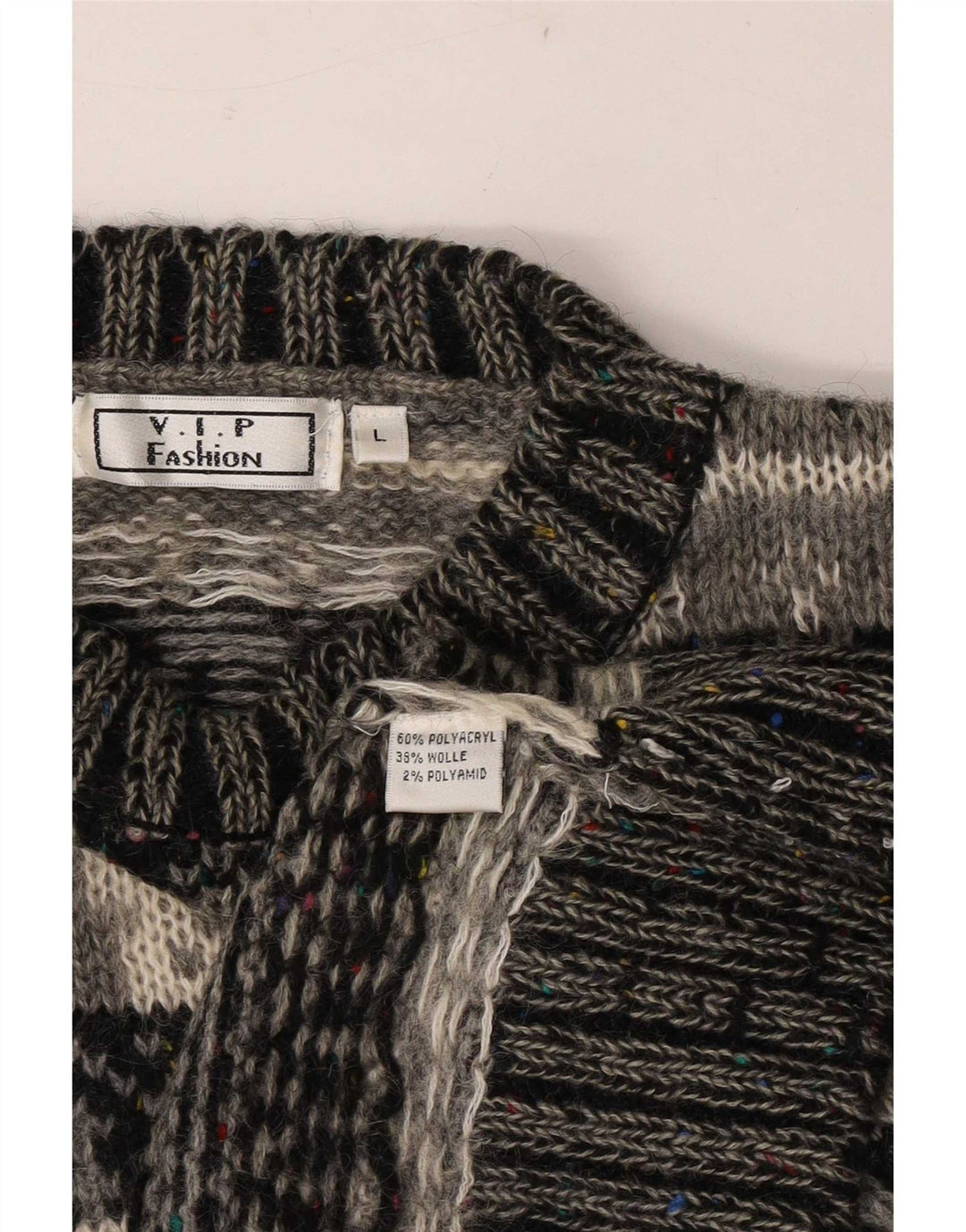 Suéter vintage masculino com gola redonda grande cinza Fair Isle poliacrílico