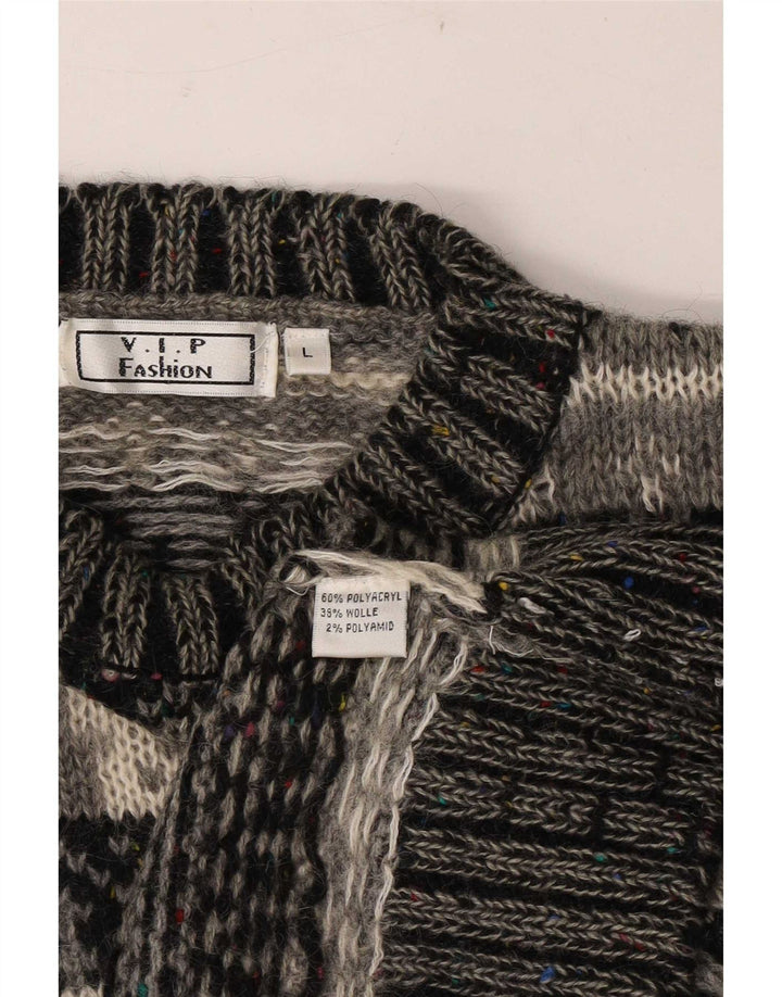 Suéter vintage masculino com gola redonda grande cinza Fair Isle poliacrílico