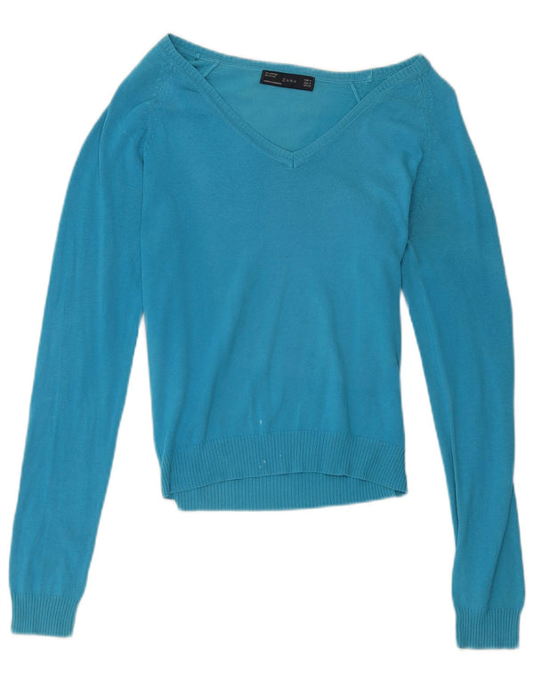Zara Suéter feminino cropped com decote em V Reino Unido 12 algodão azul médio