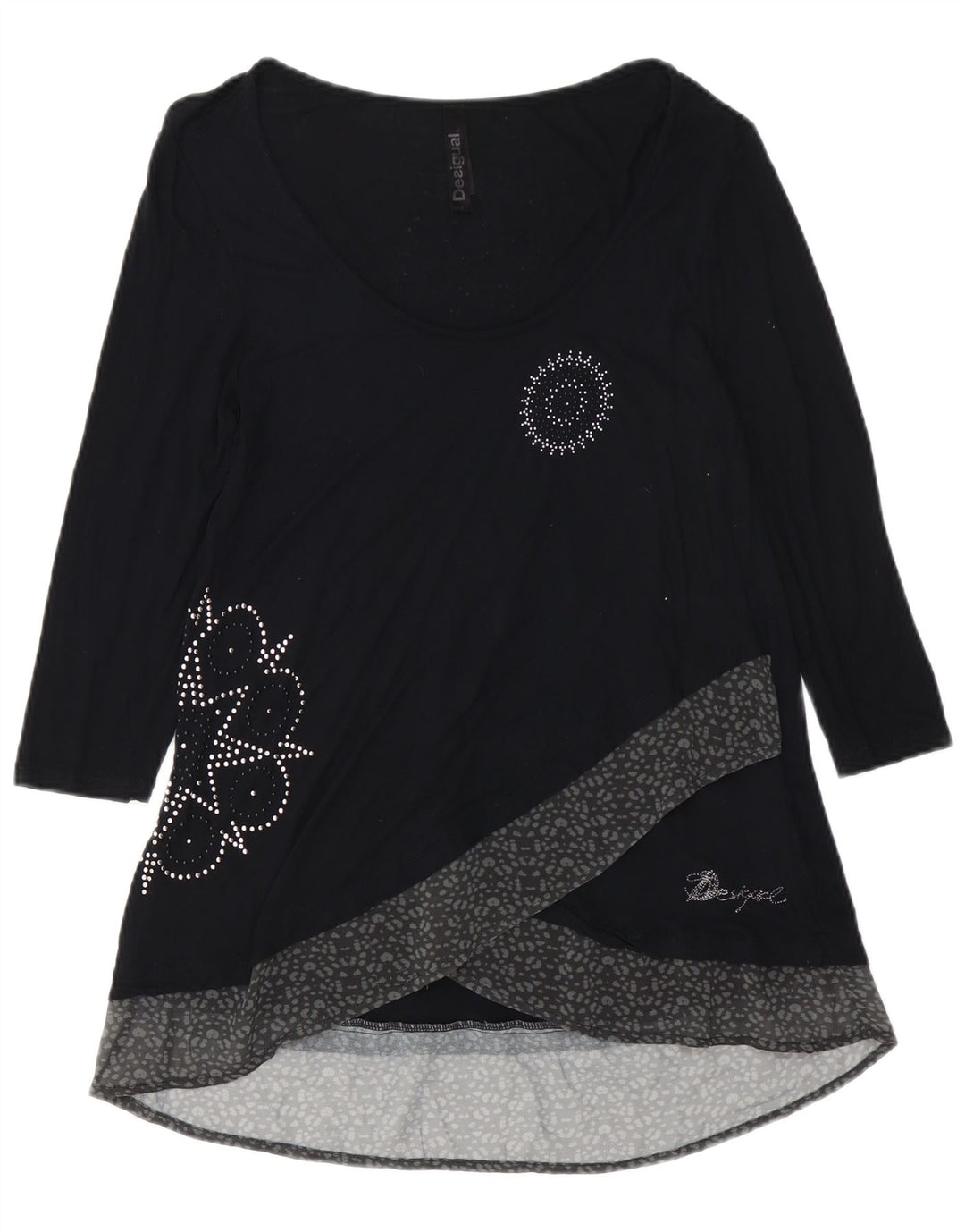 DESIGUAL Vestido feminino manga 3/4 estampado em linha A UK 12 médio preto viscose