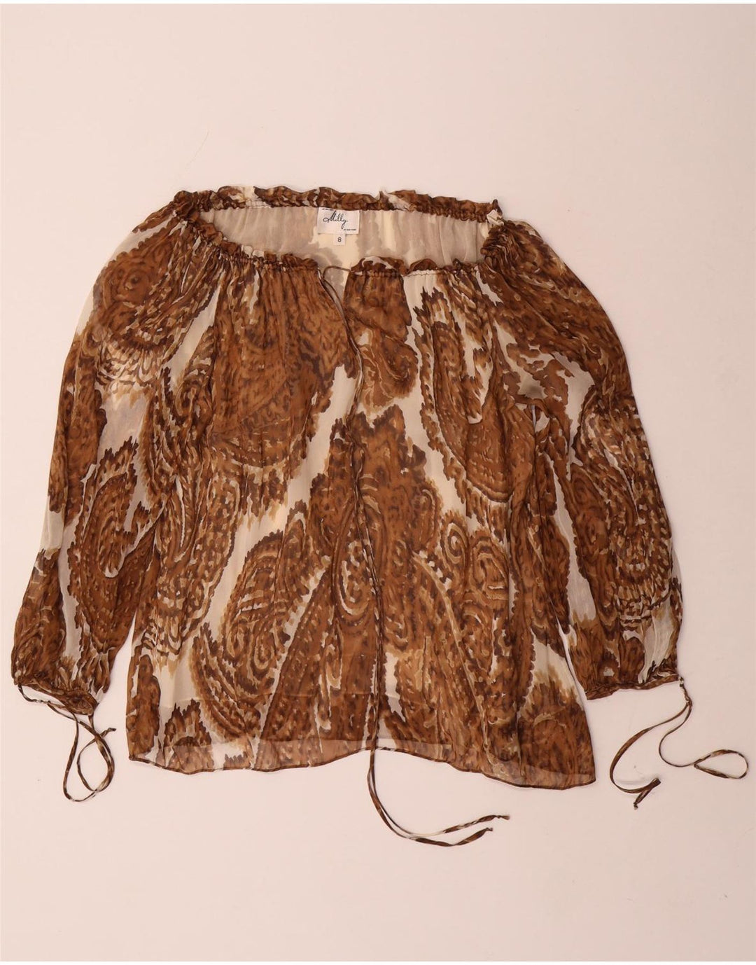 Top feminino Milly manga 3/4 fora do ombro EUA 8 seda paisley marrom médio