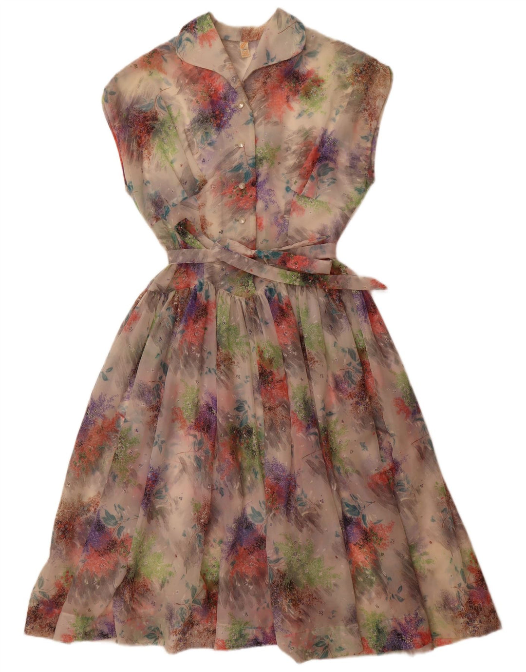 Vestido feminino vintage sem mangas evasê UK 14 médio floral multicolorido