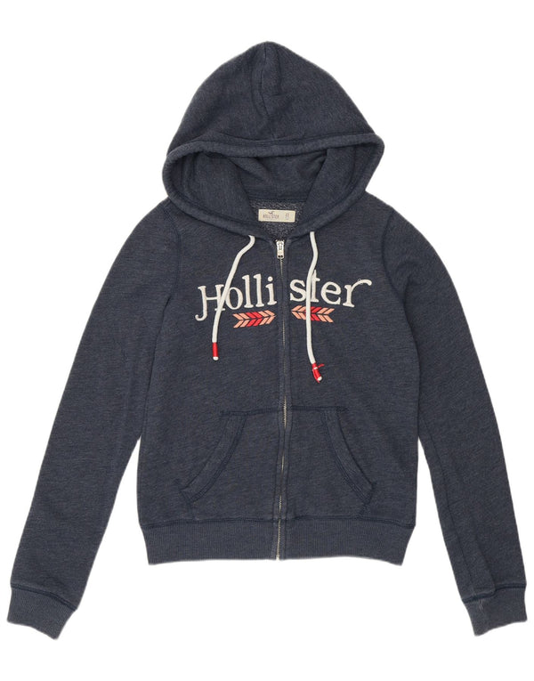 Suéter feminino Hollister com capuz e zíper gráfico Reino Unido 6 XS azul marinho algodão