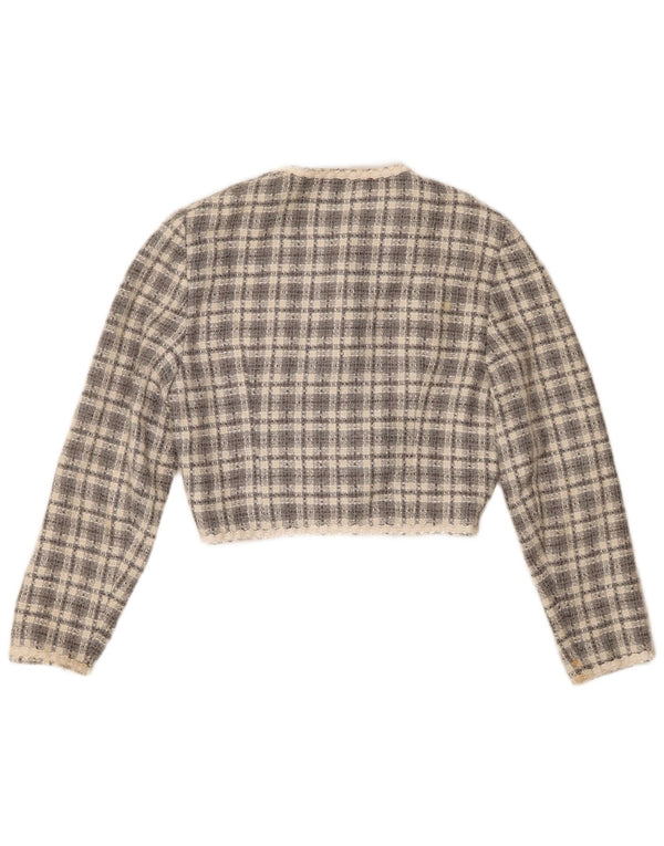 Bolero feminino vintage com 3 botões, jaqueta bolero EU 36 pequeno acrílico xadrez cinza