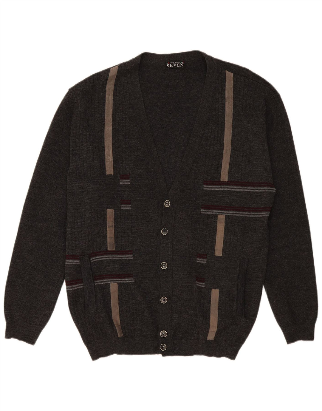 Suéter Cardigan Masculino Vintage XL Lã Listrada Cinza