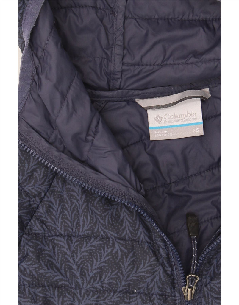 COLUMBIA Womens Hooded Padded Jacket UK 6 XS Navy Blue Floral Nylon Vintage Columbia and Second-Hand Columbia from Messina Hembry 