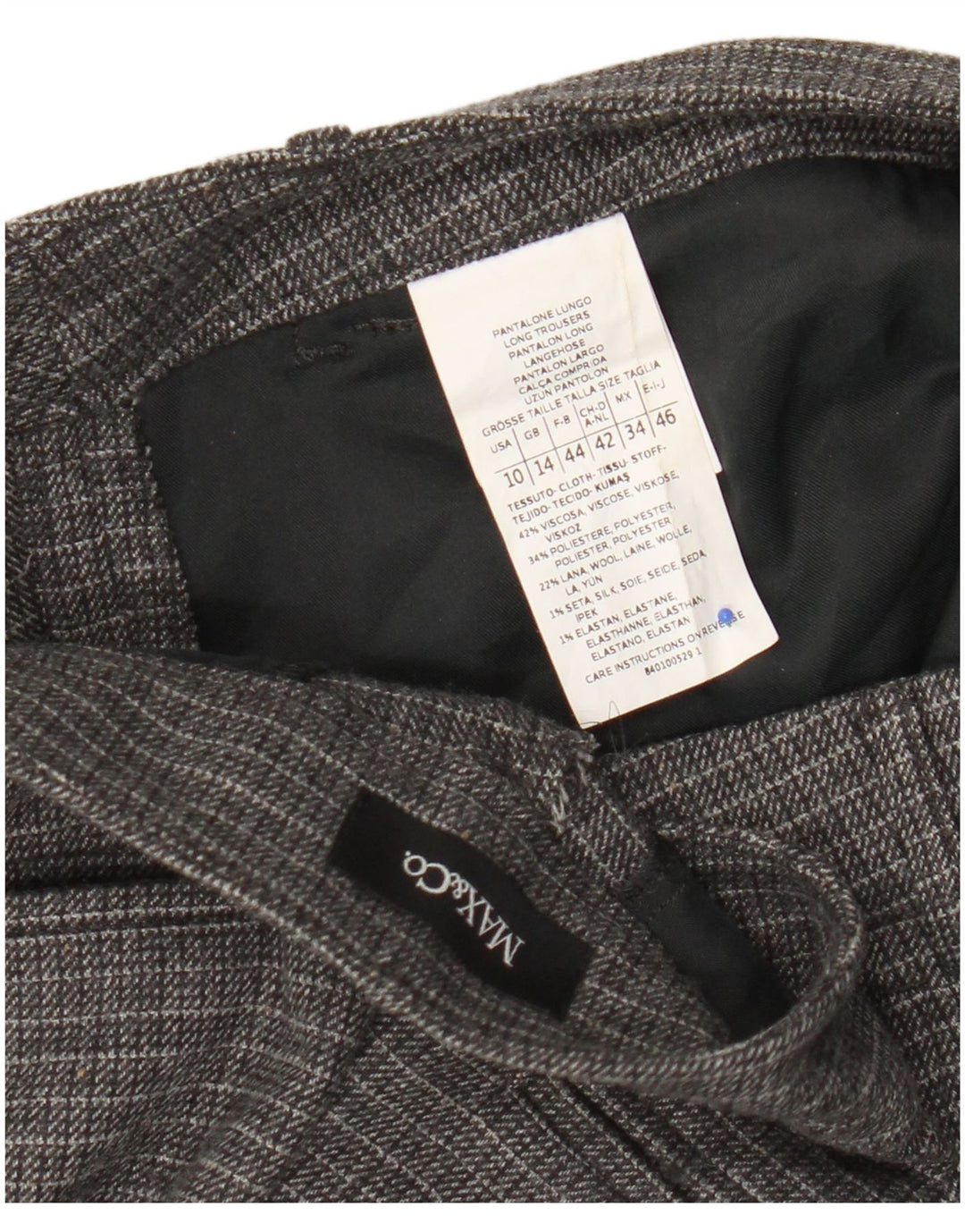 Calça feminina cortada slim Max & Co. Reino Unido 14 grande W34 L24 xadrez cinza