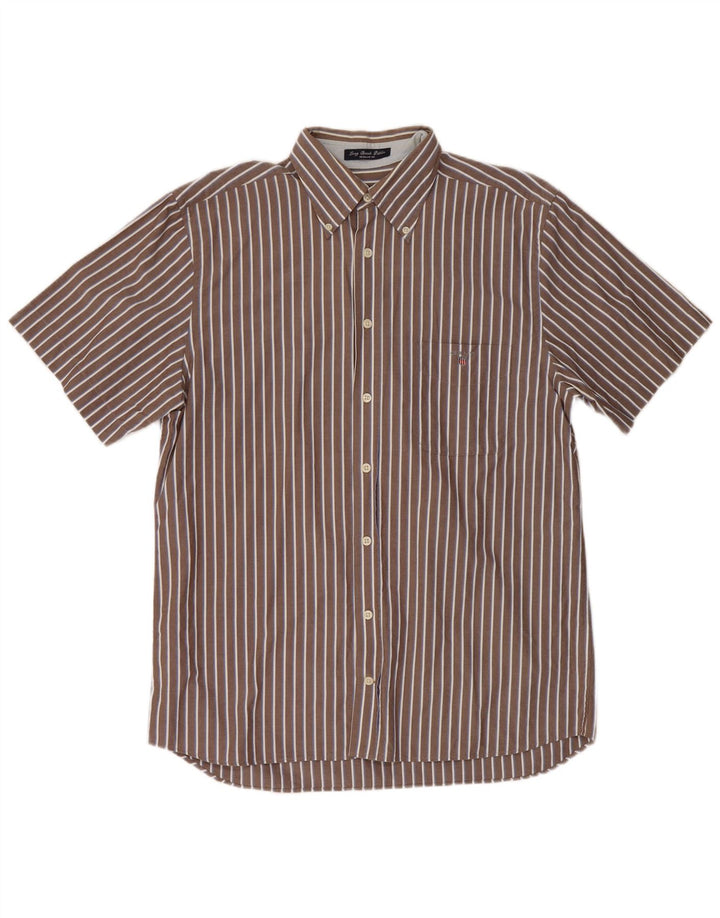 Camisa masculina GANT de manga curta com ajuste regular, algodão listrado marrom médio