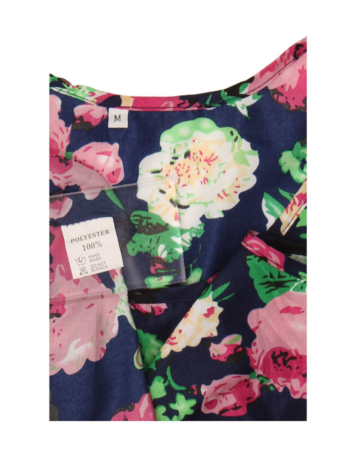 Vestido de verão feminino vintage Reino Unido 12 poliéster floral azul marinho médio