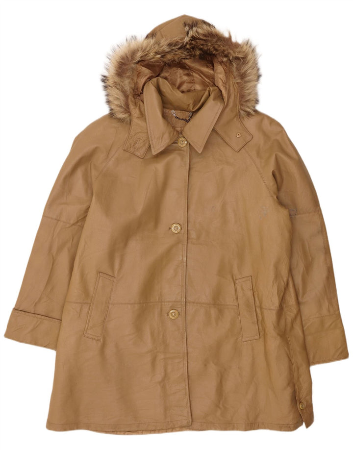 Casaco feminino de couro com capuz grande VINTAGE IT 46 couro marrom grande