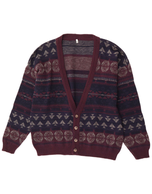 Suéter cardigã masculino vintage solto IT 50 lã geométrica roxa média