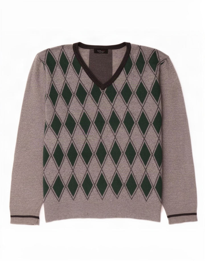Zara Suéter masculino com decote em V XL cinza Argyle/Diamante