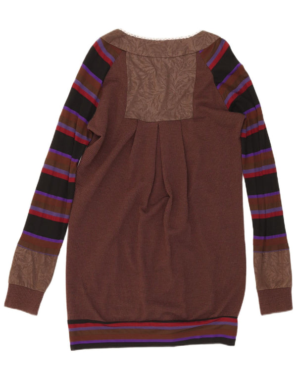 Vintage Womens Longline Cardigan Sweater EU 38 Medium Brown Striped Cotton