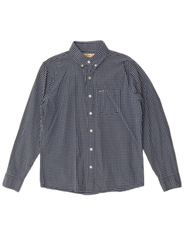 Camisa masculina Hollister pequena algodão guingão azul marinho
