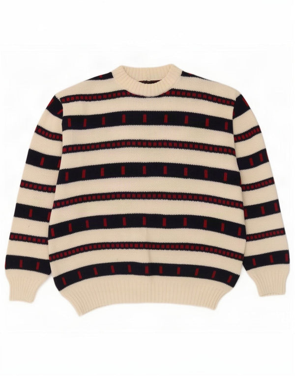 Suéter vintage masculino com gola redonda, listrado branco grande