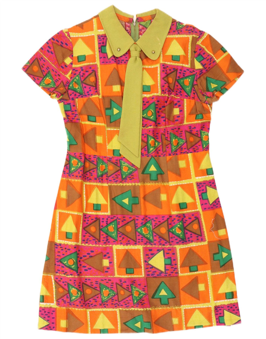 Vestido vintage feminino com amarração frontal em linha A Reino Unido 16 grande geométrico multicolorido