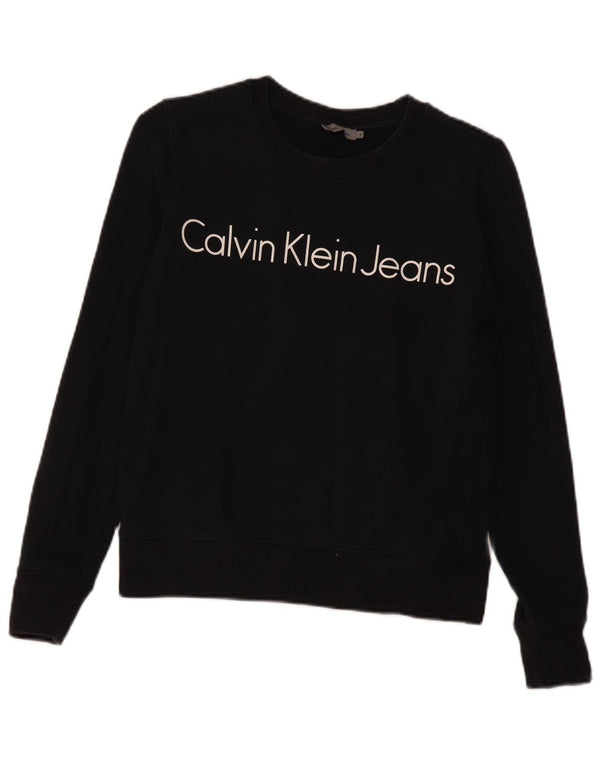 Calvin Klein Jeans feminino moletom gráfico jumper UK 10 pequeno preto