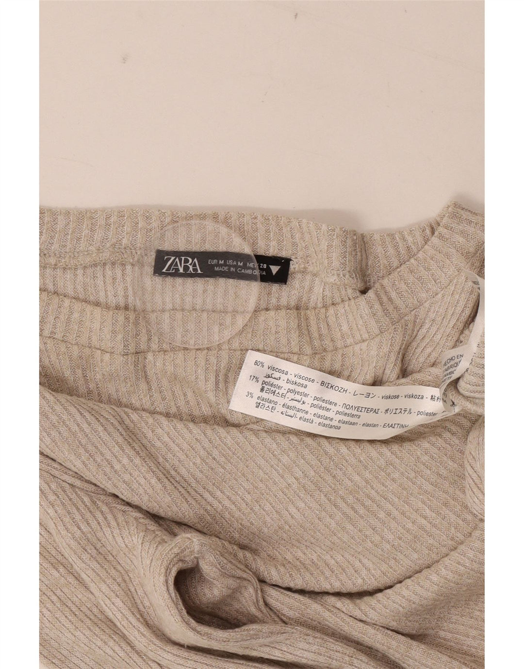 Top feminino Zara manga comprida UK 12 viscose bege médio
